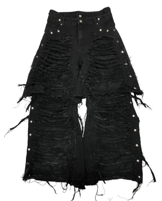 half docking damage black denim pants