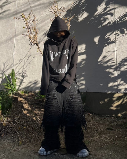 half docking damage black denim pants