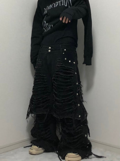 half docking damage black denim pants